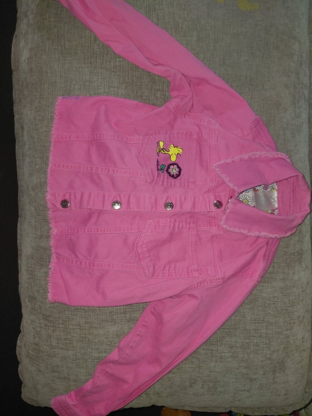 365 Kids Peanuts Pink Denim Jacket Girls Size 7 - Snoopy & Woodstock